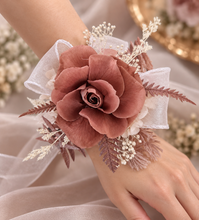 Load image into Gallery viewer, Preserved rose snap lock corsage in brown &amp; white AB2050 - School formal, prom, graduation
