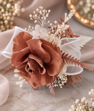 Load image into Gallery viewer, Preserved rose snap lock corsage in brown &amp; white AB2050 - School formal, prom, graduation
