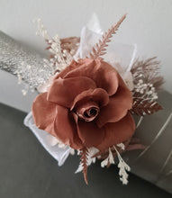 Load image into Gallery viewer, Preserved rose snap lock corsage in brown &amp; white AB2050 - School formal, prom, graduation
