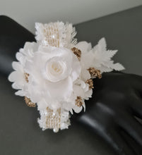 Load image into Gallery viewer, Preserved rose snap lock corsage in champagne gold &amp; white AB2051 - School formal, prom, graduation
