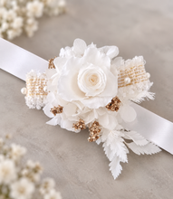 Load image into Gallery viewer, Preserved rose snap lock corsage in champagne gold &amp; white AB2051 - School formal, prom, graduation
