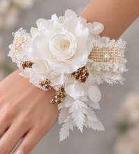 Load image into Gallery viewer, Preserved rose snap lock corsage in champagne gold &amp; white AB2051 - School formal, prom, graduation
