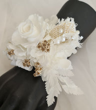 Load image into Gallery viewer, Preserved rose snap lock corsage in champagne gold &amp; white AB2051 - School formal, prom, graduation
