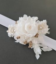Load image into Gallery viewer, Preserved rose snap lock corsage in champagne gold &amp; white AB2051 - School formal, prom, graduation

