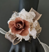 Load image into Gallery viewer, Brown, neutral, champagne gold preserved rose corsage AB2057 - School formal, prom, graduation
