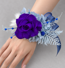 Load image into Gallery viewer, Unique purple &amp; blue preserved rose corsage w crystal AB2059 - School formal, prom, graduation
