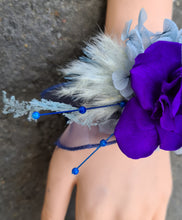 Load image into Gallery viewer, Unique purple &amp; blue preserved rose corsage w crystal AB2059 - School formal, prom, graduation
