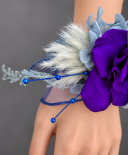 Load image into Gallery viewer, Unique purple &amp; blue preserved rose corsage w crystal AB2059 - School formal, prom, graduation
