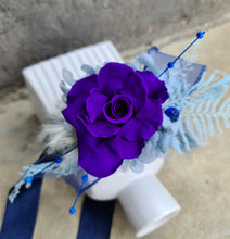 Load image into Gallery viewer, Unique purple &amp; blue preserved rose corsage w crystal AB2059 - School formal, prom, graduation
