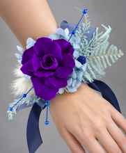 Load image into Gallery viewer, Unique purple &amp; blue preserved rose corsage w crystal AB2059 - School formal, prom, graduation
