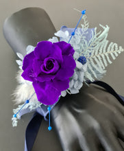 Load image into Gallery viewer, Unique purple &amp; blue preserved rose corsage w crystal AB2059 - School formal, prom, graduation

