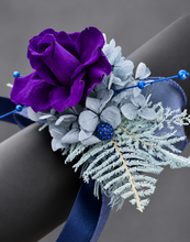 Load image into Gallery viewer, Unique purple &amp; blue preserved rose corsage w crystal AB2059 - School formal, prom, graduation
