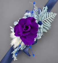 Load image into Gallery viewer, Unique purple &amp; blue preserved rose corsage w crystal AB2059 - School formal, prom, graduation
