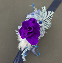 Load image into Gallery viewer, Unique purple &amp; blue preserved rose corsage w crystal AB2059 - School formal, prom, graduation
