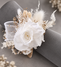 Load image into Gallery viewer, Preserved rose snap lock corsage in champagne gold &amp; white AB2061 - School formal, prom, graduation
