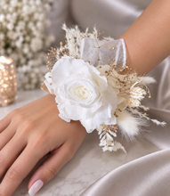 Load image into Gallery viewer, Preserved rose snap lock corsage in champagne gold &amp; white AB2061 - School formal, prom, graduation
