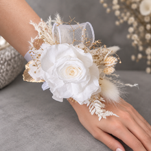 Load image into Gallery viewer, Preserved rose snap lock corsage in champagne gold &amp; white AB2061 - School formal, prom, graduation
