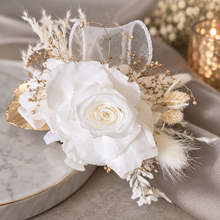 Load image into Gallery viewer, Preserved rose snap lock corsage in champagne gold &amp; white AB2061 - School formal, prom, graduation
