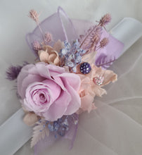 Load image into Gallery viewer, Preserved rose snap lock corsage in pastel pink &amp; violet colours AB2062 - School formal, prom, graduation
