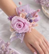 Load image into Gallery viewer, Preserved rose snap lock corsage in pastel pink &amp; violet colours AB2062 - School formal, prom, graduation
