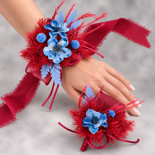 Load image into Gallery viewer, Burgundy &amp; blue preserved flowers corsage and buttonhole set AB2077 - School formal, prom, graduation
