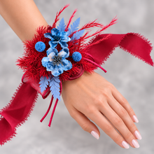Load image into Gallery viewer, Burgundy &amp; blue preserved flowers corsage and buttonhole set AB2077 - School formal, prom, graduation

