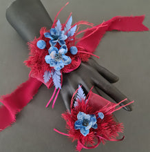 Load image into Gallery viewer, Burgundy &amp; blue preserved flowers corsage and buttonhole set AB2077 - School formal, prom, graduation
