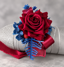 Load image into Gallery viewer, Burgundy &amp; blue preserved flowers velvet rose corsage and buttonhole set AB2078 - School formal, prom, graduation
