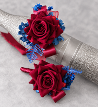 Load image into Gallery viewer, Burgundy &amp; blue preserved flowers velvet rose corsage and buttonhole set AB2078 - School formal, prom, graduation
