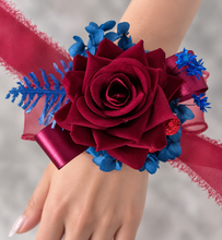 Load image into Gallery viewer, Burgundy &amp; blue preserved flowers velvet rose corsage and buttonhole set AB2078 - School formal, prom, graduation
