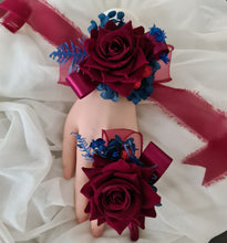 Load image into Gallery viewer, Burgundy &amp; blue preserved flowers velvet rose corsage and buttonhole set AB2078 - School formal, prom, graduation
