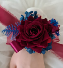 Load image into Gallery viewer, Burgundy &amp; blue preserved flowers velvet rose corsage and buttonhole set AB2078 - School formal, prom, graduation
