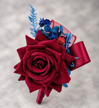 Load image into Gallery viewer, Burgundy &amp; blue preserved flowers velvet rose corsage and buttonhole set AB2078 - School formal, prom, graduation

