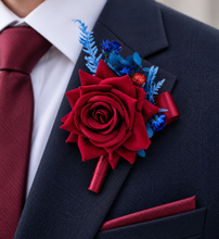 Load image into Gallery viewer, Burgundy &amp; blue preserved flowers velvet rose corsage and buttonhole set AB2078 - School formal, prom, graduation
