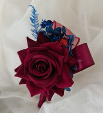 Load image into Gallery viewer, Burgundy &amp; blue preserved flowers velvet rose corsage and buttonhole set AB2078 - School formal, prom, graduation
