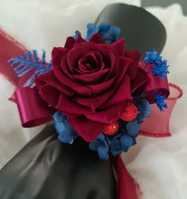 Load image into Gallery viewer, Burgundy &amp; blue preserved flowers velvet rose corsage and buttonhole set AB2078 - School formal, prom, graduation
