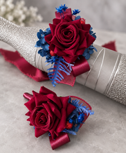 Load image into Gallery viewer, Burgundy &amp; blue preserved flowers velvet rose corsage and buttonhole set AB2078 - School formal, prom, graduation
