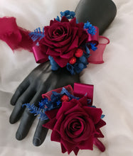 Load image into Gallery viewer, Burgundy &amp; blue preserved flowers velvet rose corsage and buttonhole set AB2078 - School formal, prom, graduation
