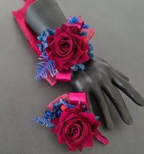 Load image into Gallery viewer, Burgundy &amp; blue preserved flowers velvet rose corsage and buttonhole set AB2078 - School formal, prom, graduation
