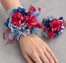 Load image into Gallery viewer, Red &amp; blue preserved flowers corsage and buttonhole set AB2080 - School formal, prom, graduation
