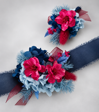 Load image into Gallery viewer, Red &amp; blue preserved flowers corsage and buttonhole set AB2080 - School formal, prom, graduation
