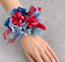 Load image into Gallery viewer, Red &amp; blue preserved flowers corsage and buttonhole set AB2080 - School formal, prom, graduation
