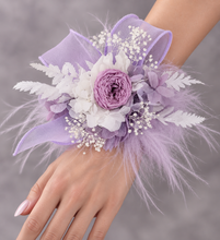 Load image into Gallery viewer, Fluffy furry band dusty purple / lilac preserved peony corsage AB2087 - School formal, prom, graduation
