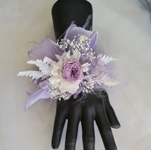 Load image into Gallery viewer, Fluffy furry band dusty purple / lilac preserved peony corsage AB2087 - School formal, prom, graduation
