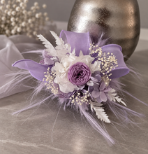 Load image into Gallery viewer, Fluffy furry band dusty purple / lilac preserved peony corsage AB2087 - School formal, prom, graduation
