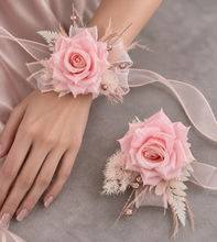 Load image into Gallery viewer, Pink &amp; glitter everlasting flowers corsage &amp; buttonhole AB2089 - School formal, prom, graduation
