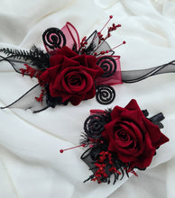 Load image into Gallery viewer, Burgundy &amp; black glitter everlasting flowers corsage &amp; buttonhole AB2091 - School formal, prom, graduation
