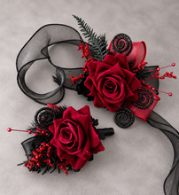 Load image into Gallery viewer, Burgundy &amp; black glitter everlasting flowers corsage &amp; buttonhole AB2091 - School formal, prom, graduation
