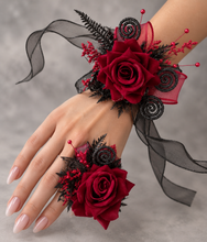 Load image into Gallery viewer, Burgundy &amp; black glitter everlasting flowers corsage &amp; buttonhole AB2091 - School formal, prom, graduation
