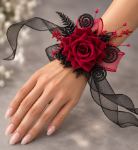 Load image into Gallery viewer, Burgundy &amp; black glitter everlasting flowers corsage &amp; buttonhole AB2091 - School formal, prom, graduation
